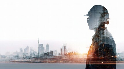 Poster - Technical Silhouette of Engineer Over Urban Landscape in Layers