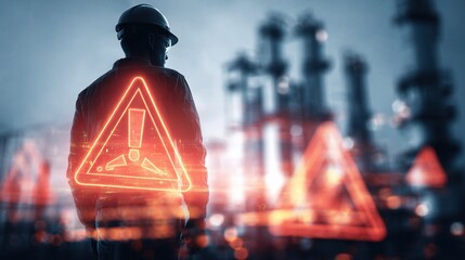 Poster - Silhouette of Worker with Safety Warning in Refinery Setting