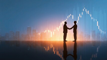 Poster - Business People Shaking Hands Over City Skyline at Sunset