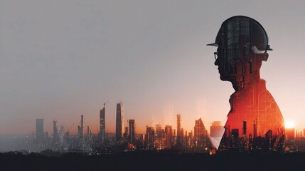Poster - Technical Drawing of Engineer Silhouette with Cityscape Background
