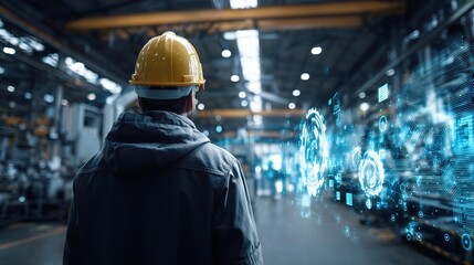 Poster - Back View of Male Engineer in Hard Hat Inside Industrial Setting