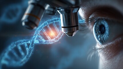 Poster - Detailed Microscope View of Glowing DNA Helix in Scientific Lab Setting