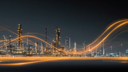 Poster - Nighttime Industrial Refinery Image with Towering Structures and Lights