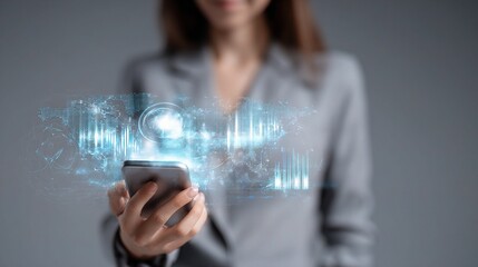 Poster - Businesswoman Using Smartphone with Holographic Technology Display