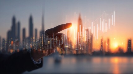 Poster - Financial Analyst Pointing to Virtual Chart with City Background