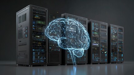 Poster - Digital Server Racks Overlaying Human Brain Outline Concept