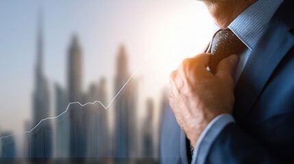 Poster - Businessman Adjusting Tie with Rising Profit Chart in Dubai Cityscape