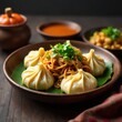 © Buakung - Traditional Nepalese momo steamed on wooden platter, nepali cuisine, momo dish, rustic wooden table
