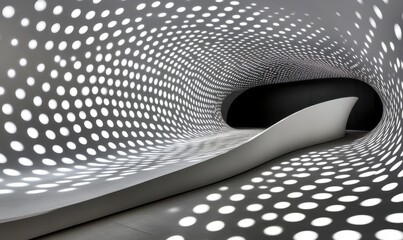 Poster - Abstract swirling white reception desk, dotted light pattern, modern interior, office space, architectural design