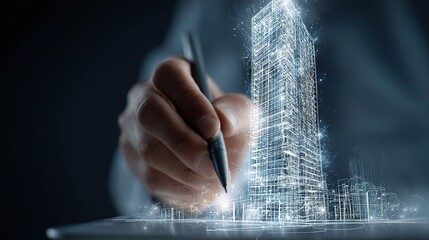 Poster - Conceptual Architect Sketching Skyscraper on Digital Tablet Surface