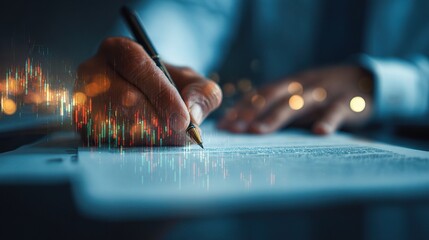 Poster - Businessman Signing Contract with Financial Data Overlay in Office
