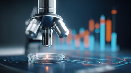 Poster - close-up view of microscope with scientific data visualization