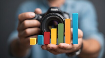 Poster - Photographer Holding Camera with Sales Graphs and Colorful Bars
