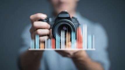Poster - Photographer Holding Camera and Sales Graphs for Business Analysis