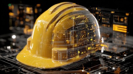 Poster - Yellow Hard Hat with Digital Elements in Construction Setting