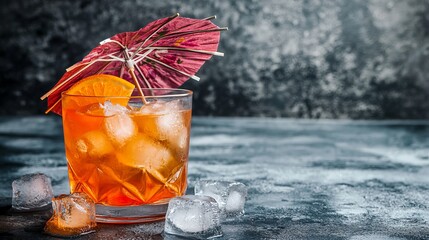 Poster - Refreshing Orange Cocktail Drink Summer Ice Cubes Garnish Umbrella Tropical Beverage Glass Delicious Alcoholic Party Festive Celebration Cool Summertime Vibrant Citrus Orange Slice