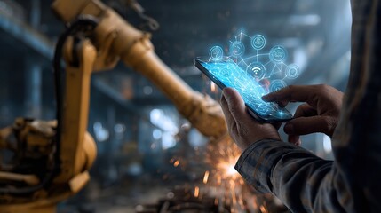 Poster - Man Using Smartphone to Control Robotic Welding Arm in Factory