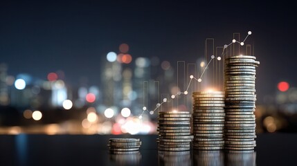 Poster - Stacked Coins with Bar Graph and Data Points in Night Cityscape