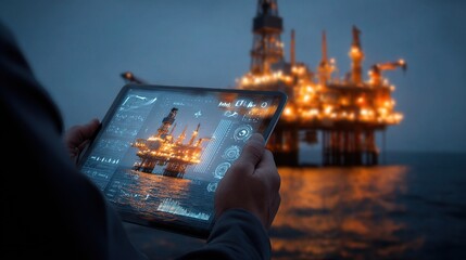 Poster - Technician Holding Tablet While Analyzing Data on Offshore Rig