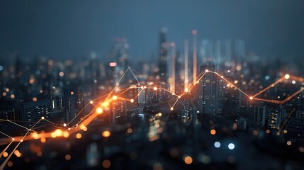 Poster - City Center Network Business Glow Icon with Spreading Lines at Night
