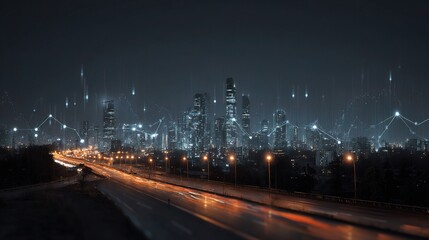 Poster - Nighttime Smart City with Blockchain Symbols and Digital Elements
