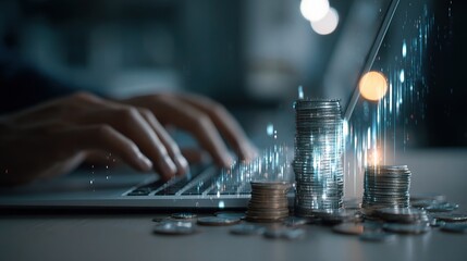 Poster - Man Using Laptop with Floating Data Visuals and Currency Concept