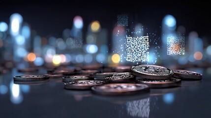 Poster - Digital Wallet Concept with Floating Coins and QR Code Display