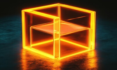 Poster - Glowing cube chair on dark floor, abstract design, futuristic interior