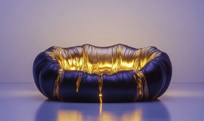 Poster - Glowing gold and black abstract sculpture on light studio floor