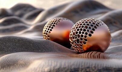 Poster - Metallic spheres on textured surface, sunset background; abstract design