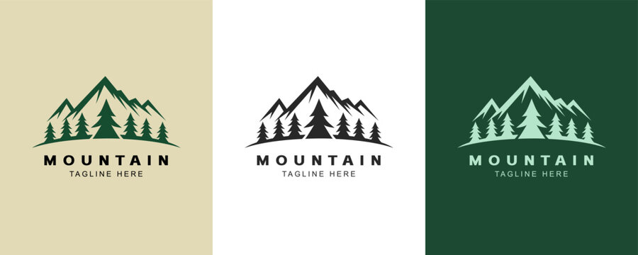Creative Modern Pine Tree Mountain Simple Logo Design Template. Outdoor Mountain Logo Design, Hiking Logo Design, for Evergreen Tree Logo, for web