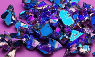 Poster - Blue crystals scattered on purple background; science, fantasy, beauty concept