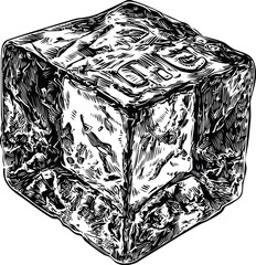 Poster - Detailed black and white illustration of an ice cube with intricate textures. Vector illustration