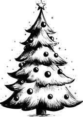 Aufkleber - Black and white illustration of a decorated christmas tree with ornaments. Vector illustration