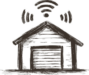 Poster - Wooden house with wifi symbol sketch in black and white, modern connectivity concept. Vector illustration