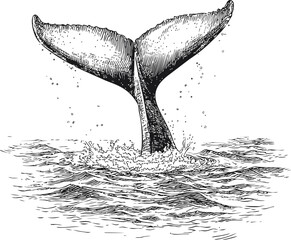 Aufkleber - Whale tail emerging from ocean waters in vintage sketch illustration. Vector illustration