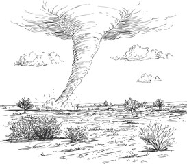 Wall Mural - sketch of a tornado swirling above a sparse desert landscape with scattered shrubs. vector illustrat