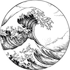 Aufkleber - Ink drawing of a monumental ocean wave within a circular frame, artistic masterpiece. Vector illustration