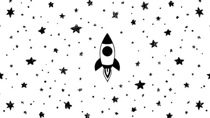 Poster - Black rocket in a starry sky illustration with space theme doodles. Vector illustration