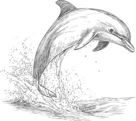 Aufkleber - Detailed sketch of a dolphin jumping out of water with splash lines, black and white. Vector illustration