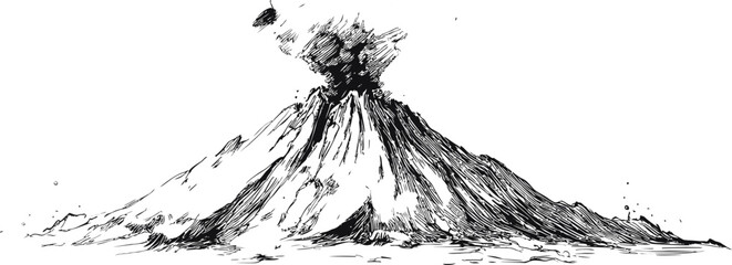 Poster - Ink drawing of an erupting volcano with smoke and ash, black and white sketch. Vector illustration