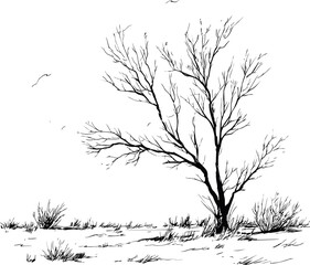Wall Mural - lonely barren tree in a vast empty landscape, black and white ink drawing. vector illustration