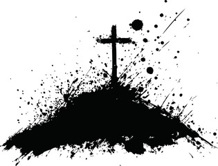 Poster - Black ink cross on splattered hill in abstract artistic style. Vector illustration