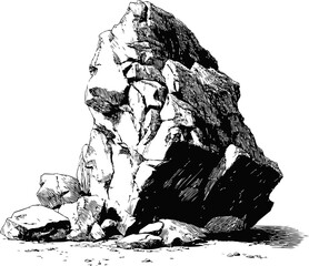Aufkleber - Black and white illustration of a large jagged rock, art sketch of rugged terrain. Vector illustration