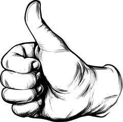 Leinwandbilder - Sketch of a hand showing thumbs up in black and white, approval symbol drawing. Vector illustration