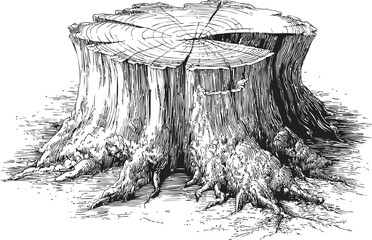 Poster - Detailed black and white illustration of an old tree stump with visible rings. Vector illustration