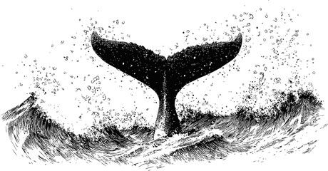Aufkleber - Whale tail splashing in ocean waves, monochrome illustration. Vector illustration