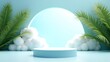© Render Alchemy  - Light blue podium with clouds and palm leaves for product display