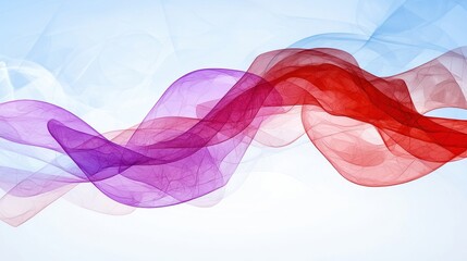 Fototapete - Abstract image featuring flowing, translucent waves in shades of red, purple, and blue against a light blue background. The waves are composed of tiny dots creating a soft, ethereal effect. 