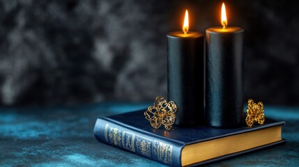 Poster - Black and gold candles atop a blue vintage book with elegant trinkets, studio-lit